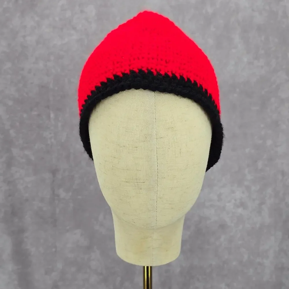 Red Black Crochet Knit‎ Bucket Cap Hat Fun Vintage Y2K Funky Beanie